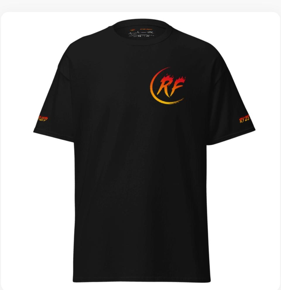 Maglietta ufficiale RyzeFluid, fronte, logo RF fiamma